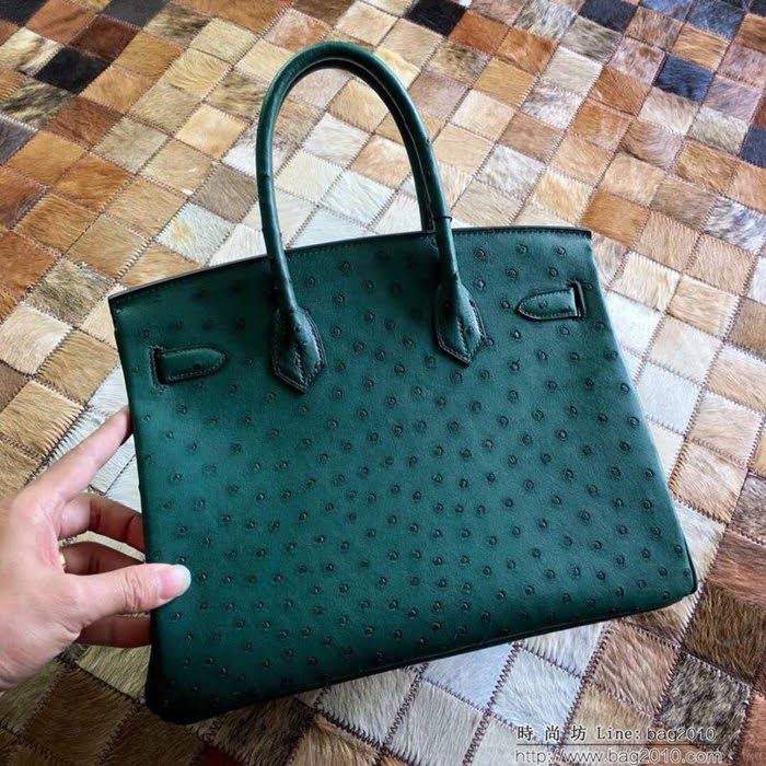 HERMES愛馬仕 鉑金包 Birkin 30 南非原產KK級鴕鳥皮 頂級工藝 叢林綠 手縫蠟線 手提包  Ama1236